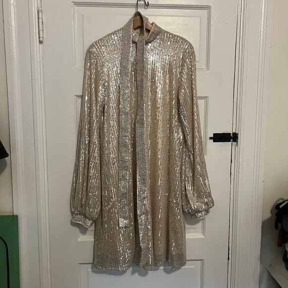 Missguided champagne sequin ballon sleeve mini-dress 6 Tall - Picture 2 of 7